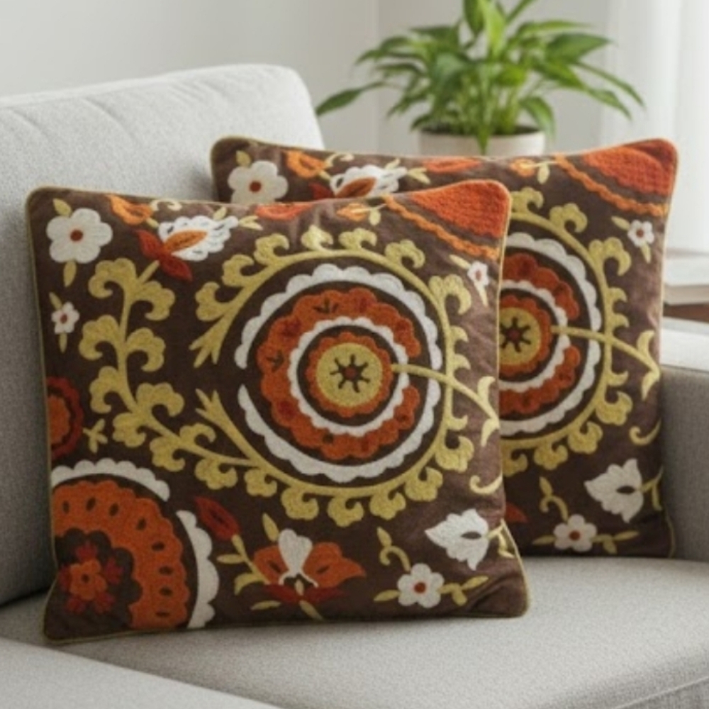 Purva Throw Pillow Covers Brown Green Embroidered Floral Satin Boho Retro
